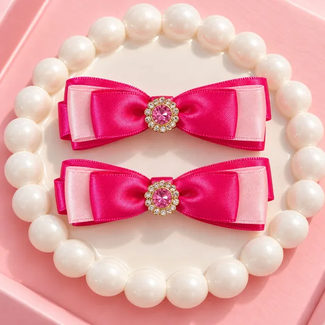 Fuchsia Luxe Bow Pair: Layered fuchsia and soft pink ribbon bows with a round pink jeweled centerpiece.